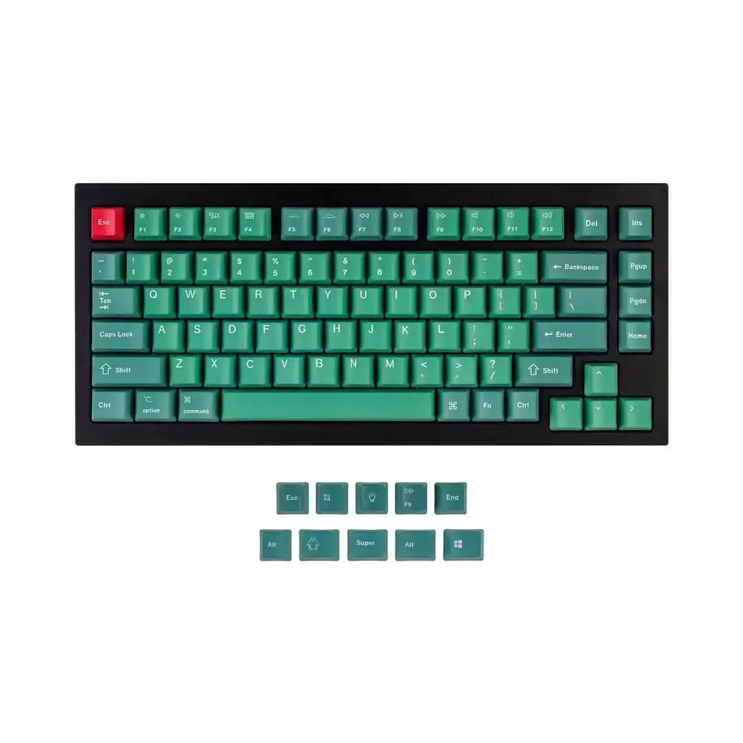 zielone keycapy PBT do klawiatury mechanicznej, układ QWERTY, jeden czerwony klawisz