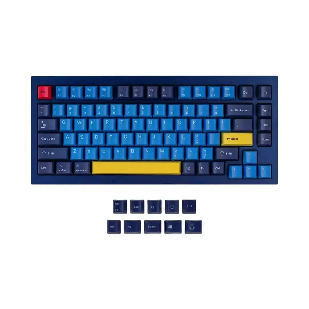 Zestaw niebieskich i żółtych keycapów PBT do klawiatury mechanicznej, układ ISO.