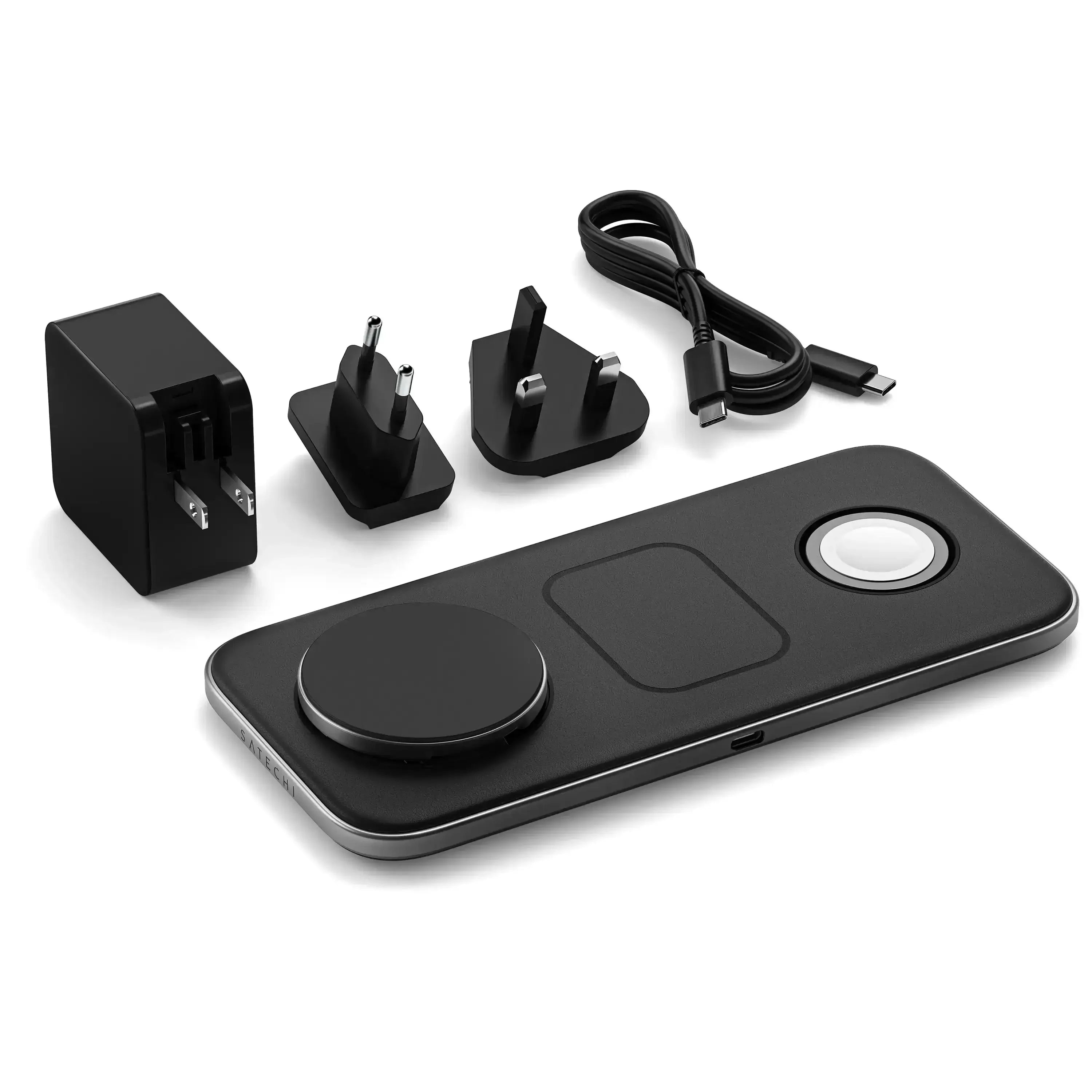 Czarna stacja ładowania bezprzewodowa do biura z adapterami i przewodem USB-C