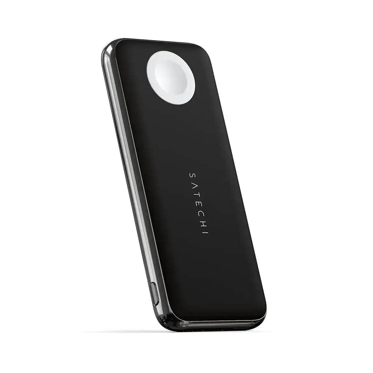 Czarny powerbank bezprzewodowy z okrągłą ładowarką, minimalistyczny design