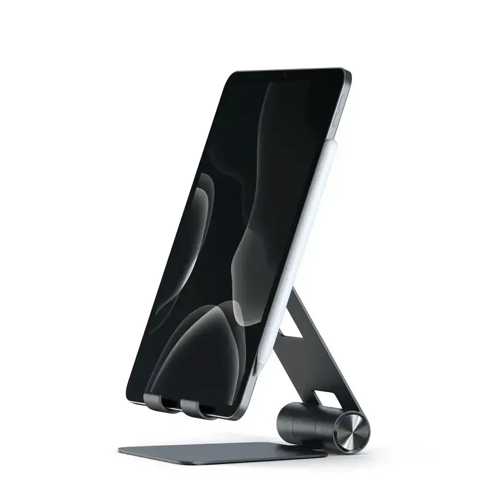 Czarny, aluminiowy składany stojak na tablet lub telefon na biurko