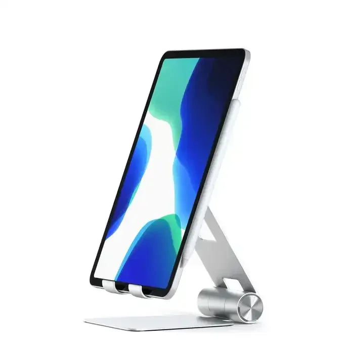 Srebrny, składany aluminiowy stojak na telefon lub tablet, nowoczesny design