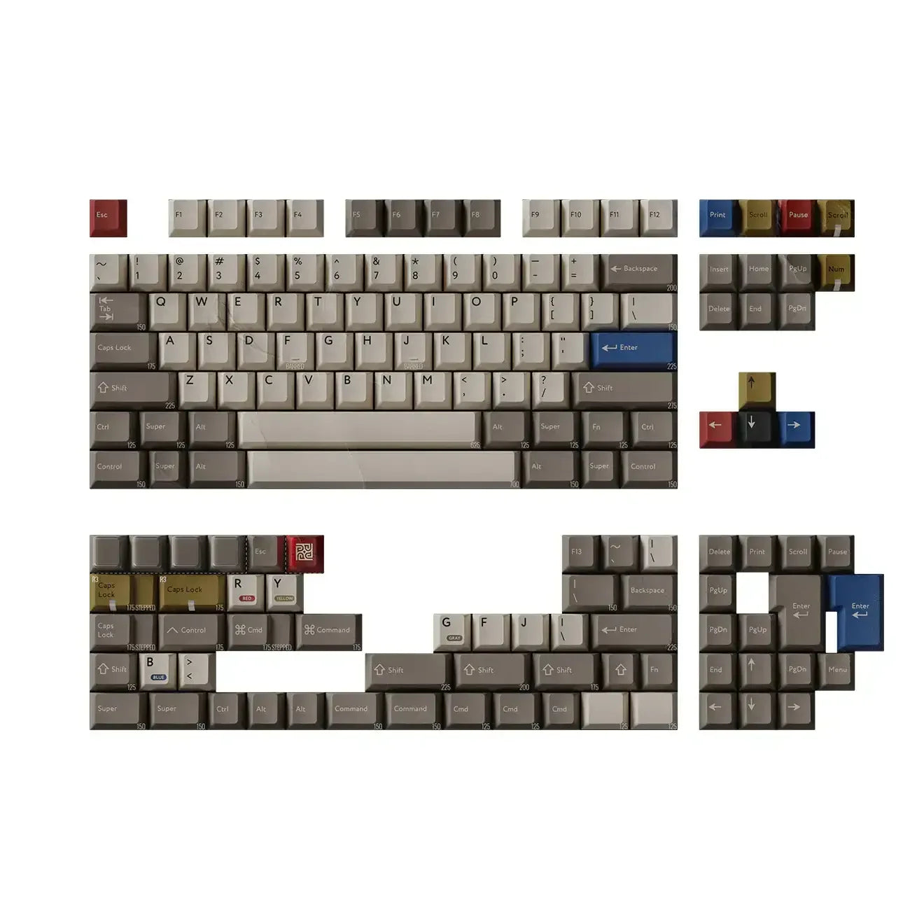 Zestaw retro keycapów do klawiatury mechanicznej w różnych kolorach na białym tle