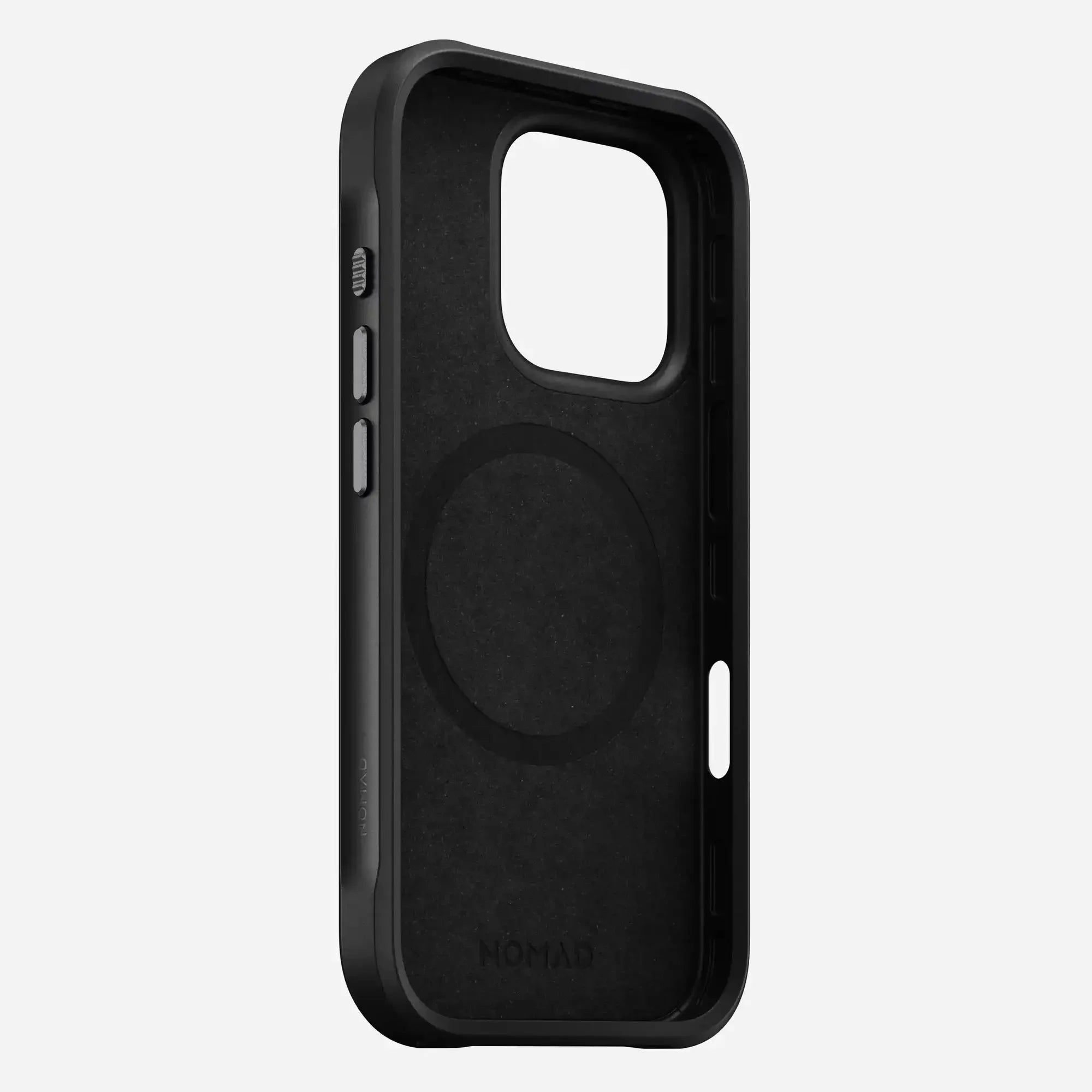 Czarna wytrzymała obudowa na iPhone 16 Pro, widok z tyłu pod kątem, minimalistyczny design
