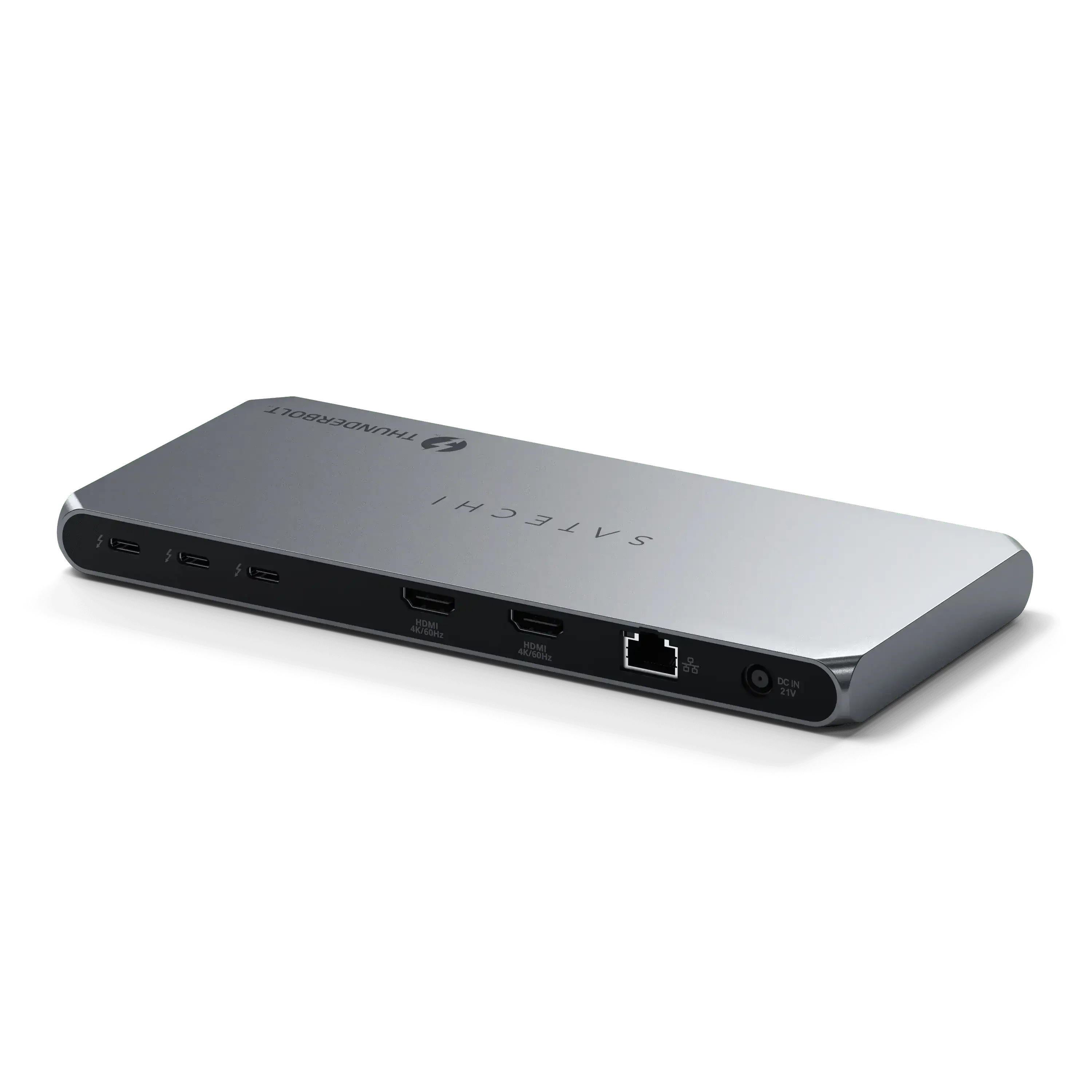 Stacja dokująca Thunderbolt 4 z portami HDMI, USB-C i Ethernet, srebrna, biurowe akcesorium