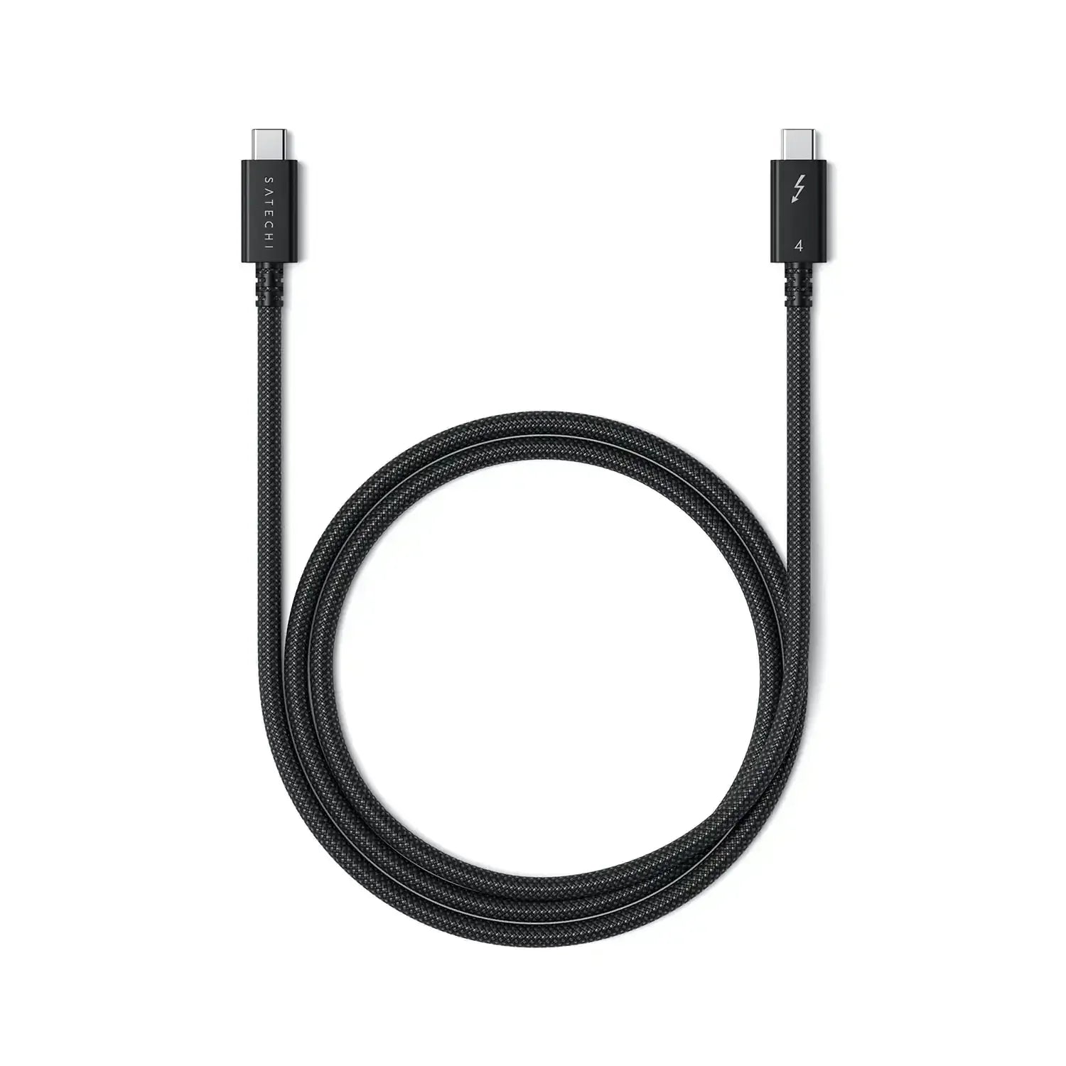 Czarny kabel Thunderbolt 4 USB-C 1m w oplocie, widoczna końcówka z symbolem błyskawicy