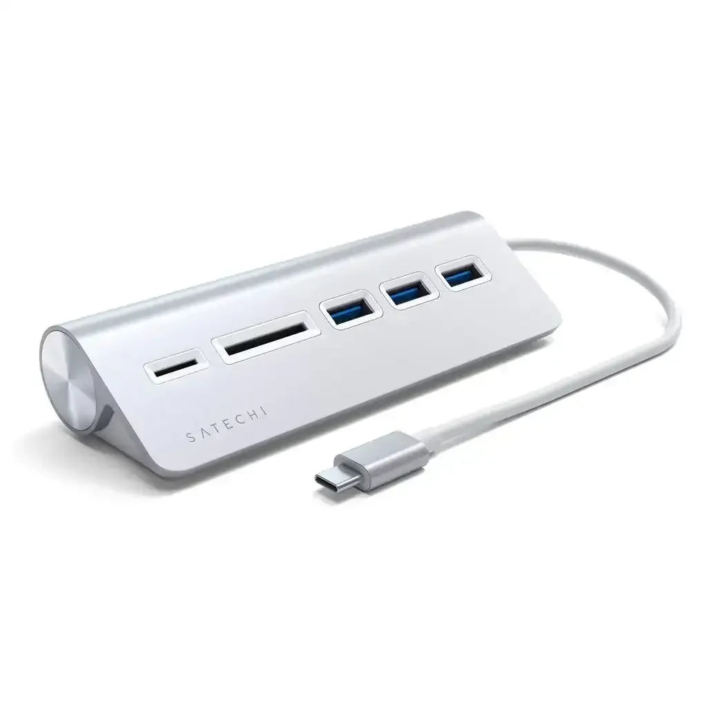 Aluminiowy hub USB-C z czytnikiem kart i portami USB 3.0, akcesorium do biura