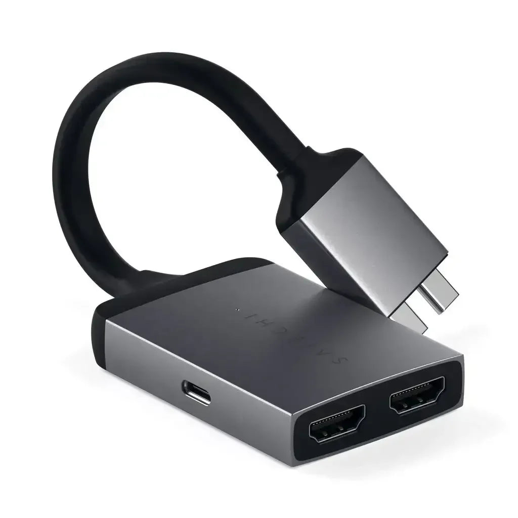 adapter USB-C z dwoma portami HDMI i jednym portem USB-C, kolor szary, do biura