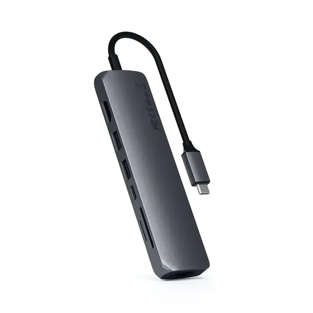 Szary adapter USB-C wieloportowy do laptopa z portami USB, HDMI i czytnikiem kart