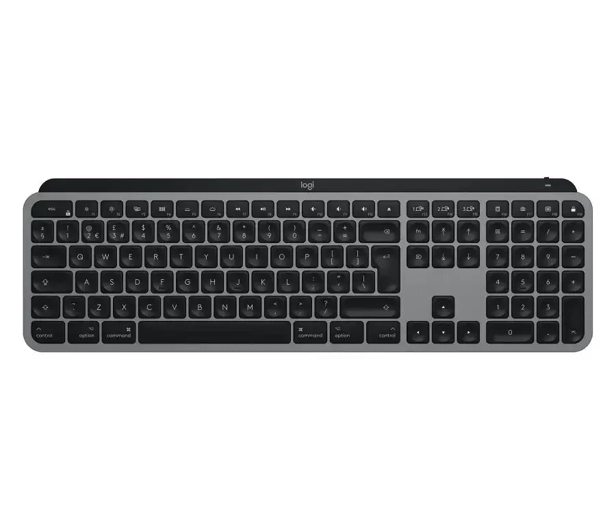 Czarna klawiatura mechaniczna z układem numerycznym, dedykowana do Mac, widok z góry.