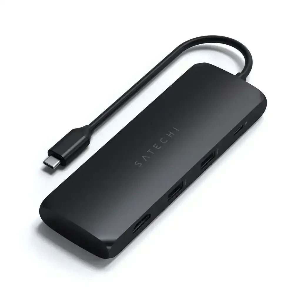 Czarny hub USB-C, wieloportowy adapter biurkowy z kilkoma wejściami do laptopa