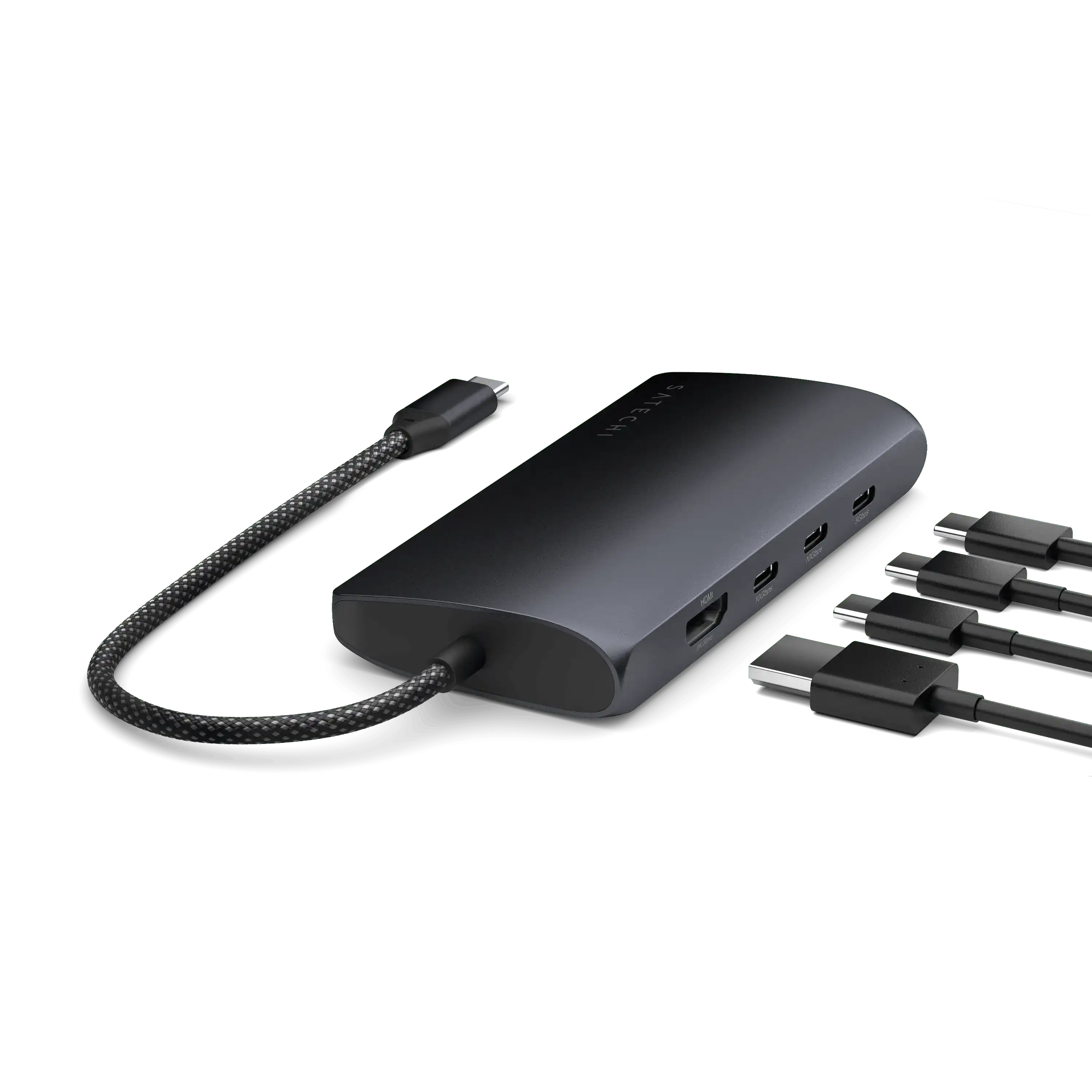 Czarny adapter USB-C multiport z portami HDMI, Ethernet, USB i kablem do biura