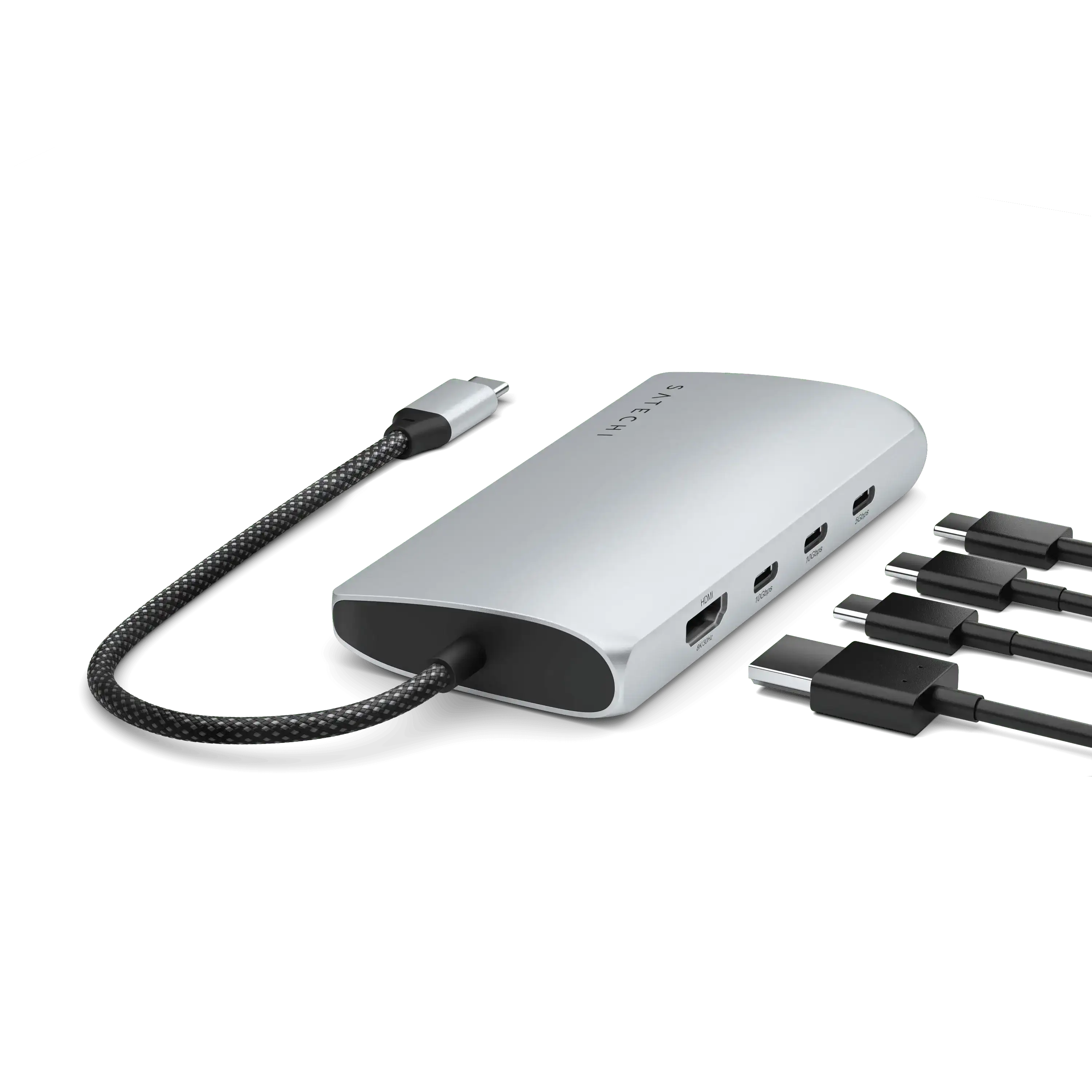 Srebrny hub USB-C multiport adapter z portami HDMI, Ethernet i USB, widok z kablami