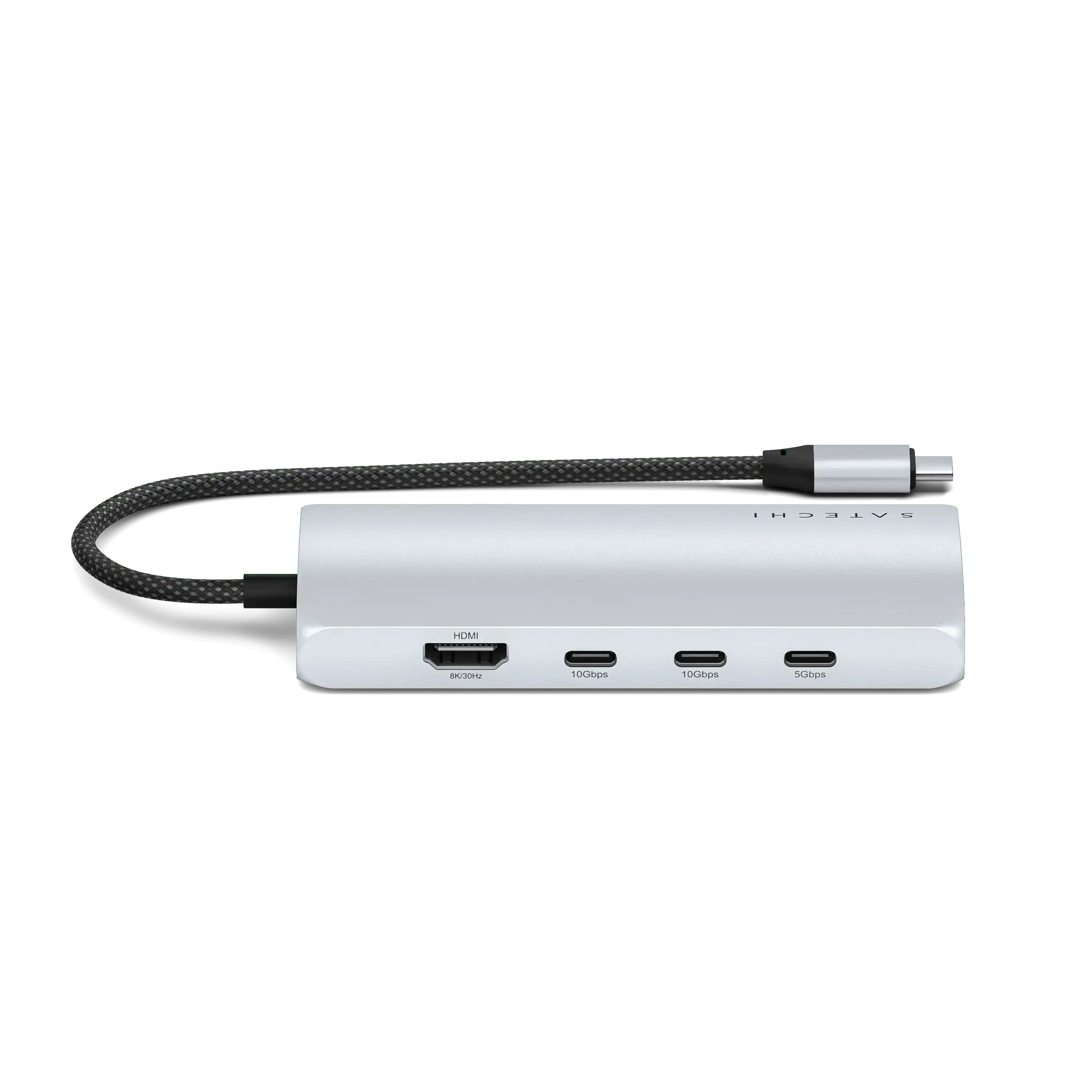 Srebrny adapter USB-C z portami HDMI 8K i USB, idealny do biura i home office