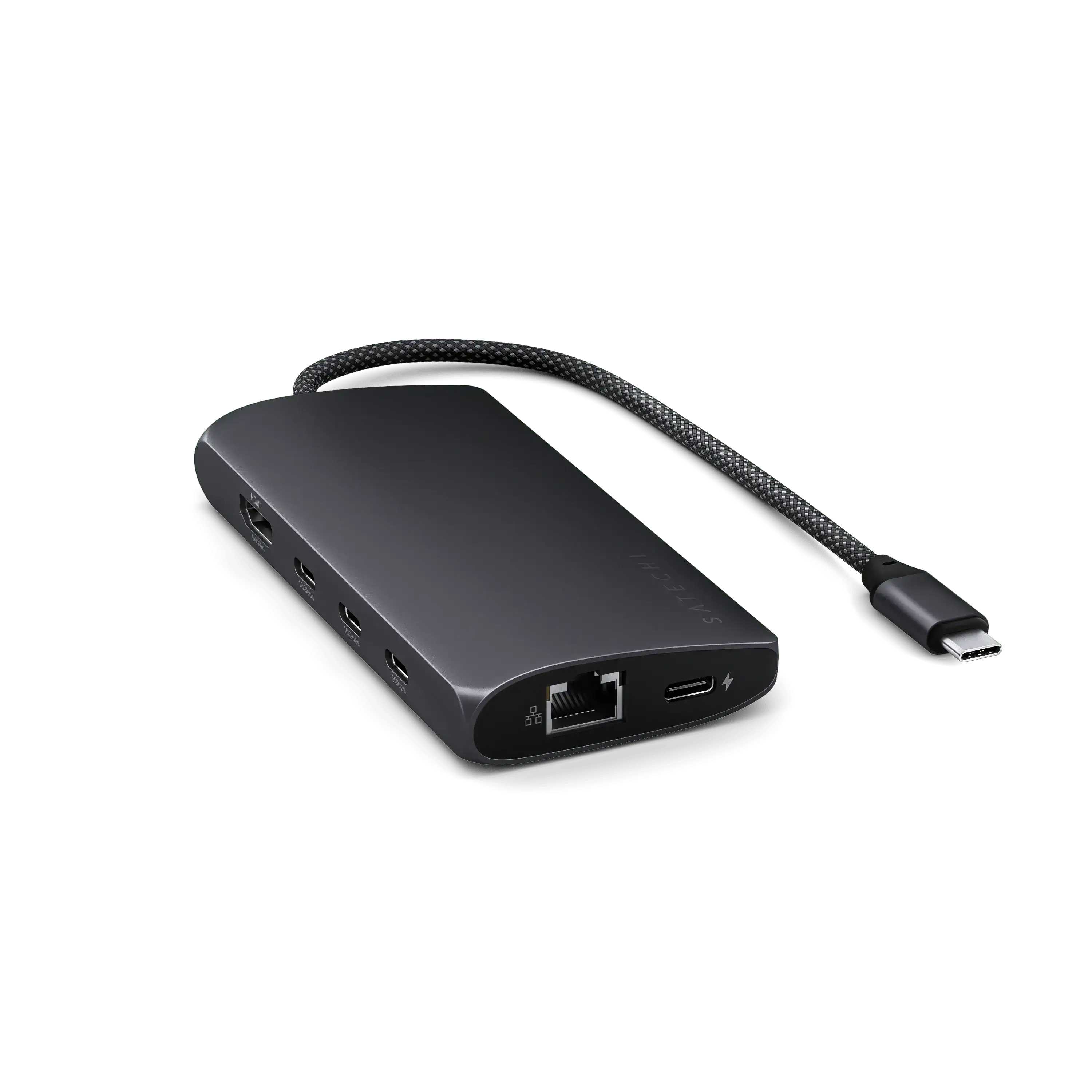 Adapter USB-C multiport 8K z portem Ethernet na czarnym tle, akcesorium biurowe