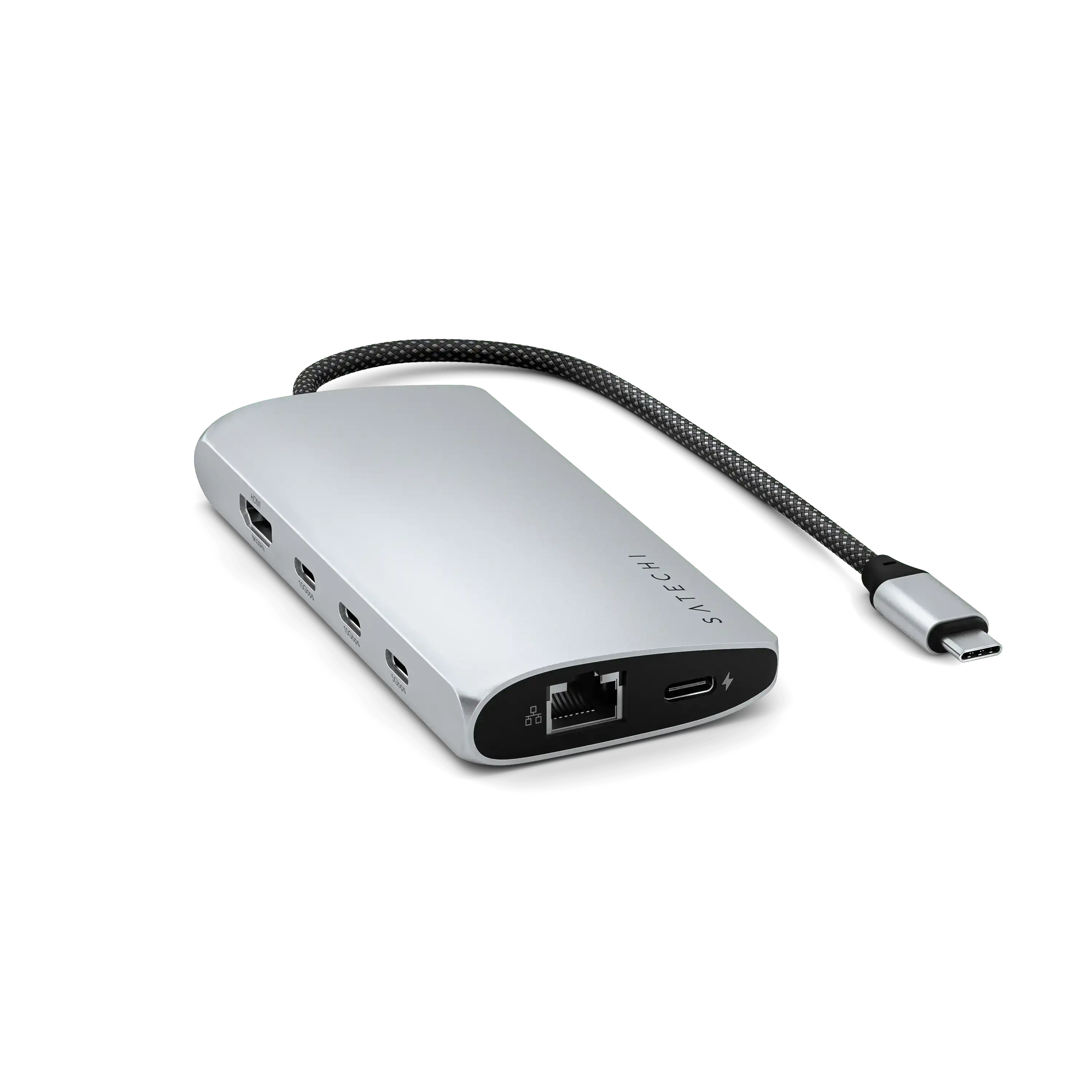 Srebrny adapter USB-C z portami HDMI, Ethernet, USB, czarny kabel w oplocie, na czarnym tle