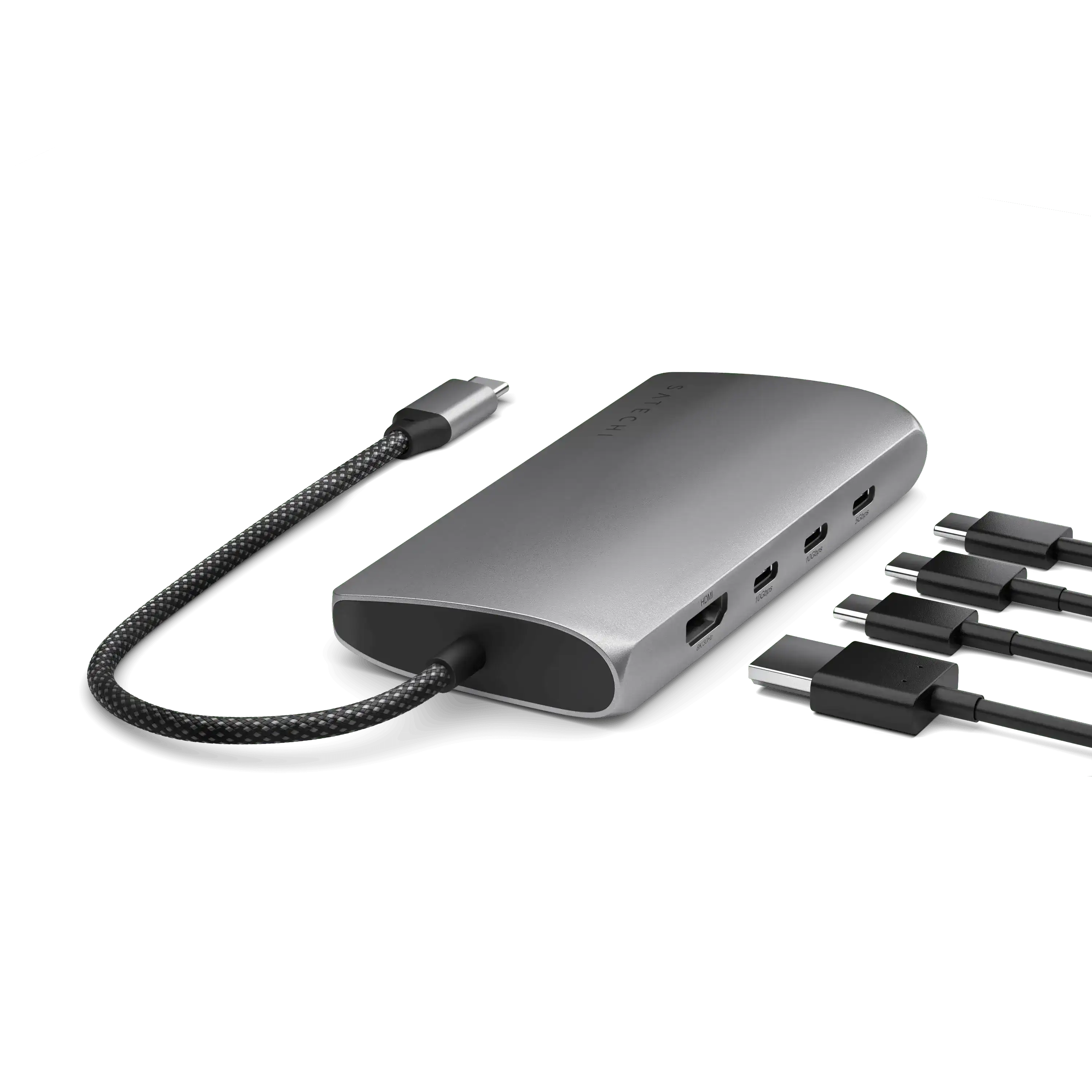 Srebrny adapter USB-C multiport z portem Ethernet i kilkoma złączami na kabelkach