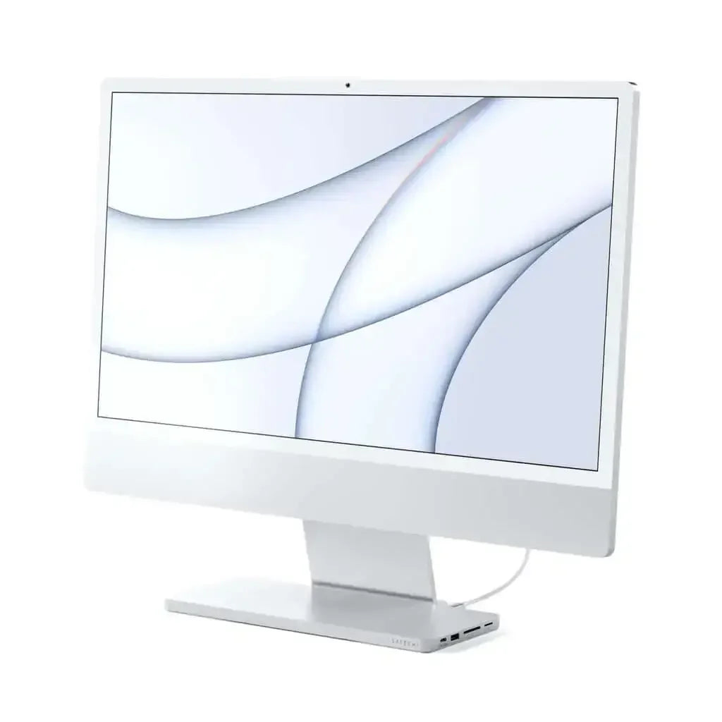 Srebrna stacja dokująca USB-C pod iMac 24 cali, trzy porty w podstawie, nowoczesny design