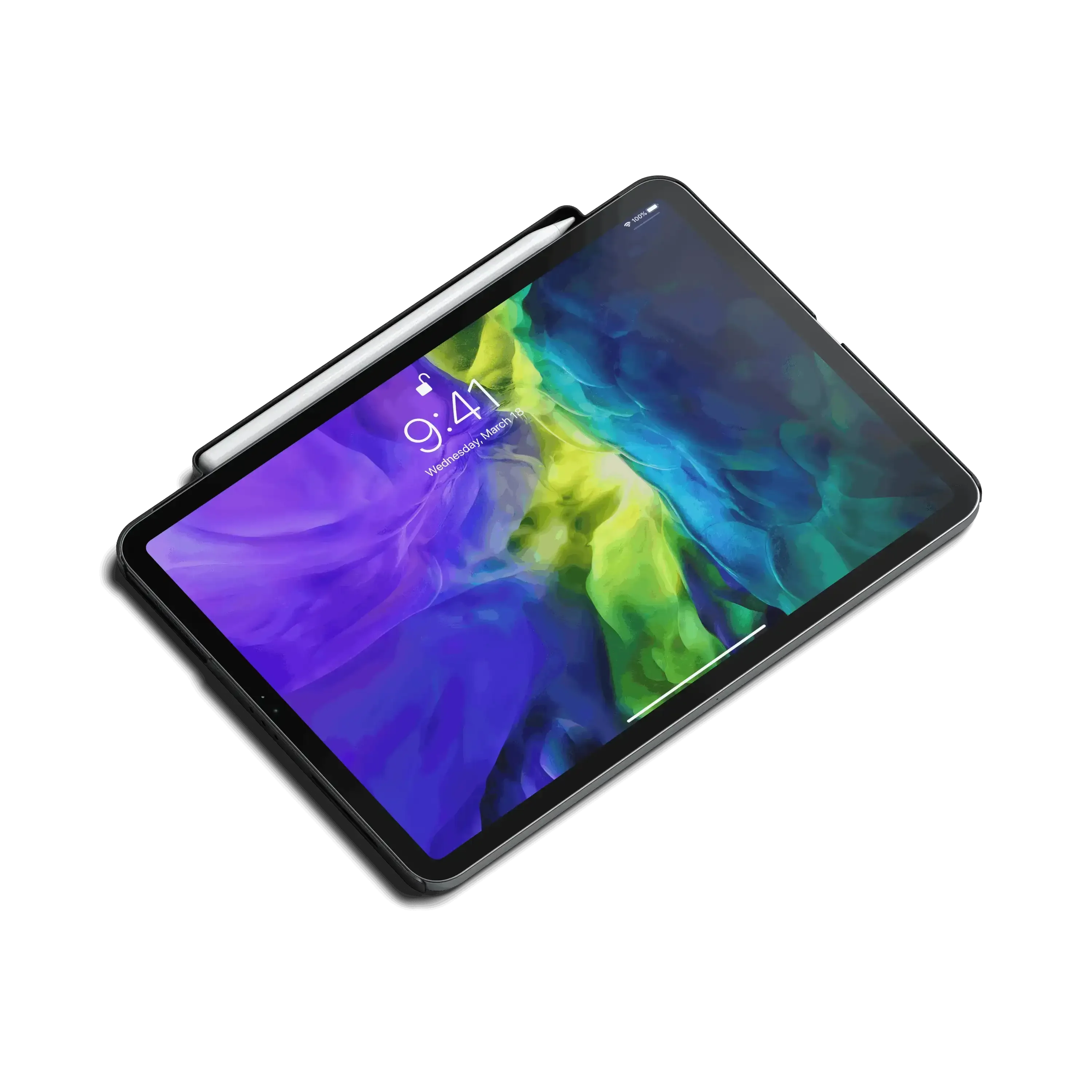 Czarna magnetyczna etui z wegańskiej skóry na iPad Pro z rysikiem na czarnym tle