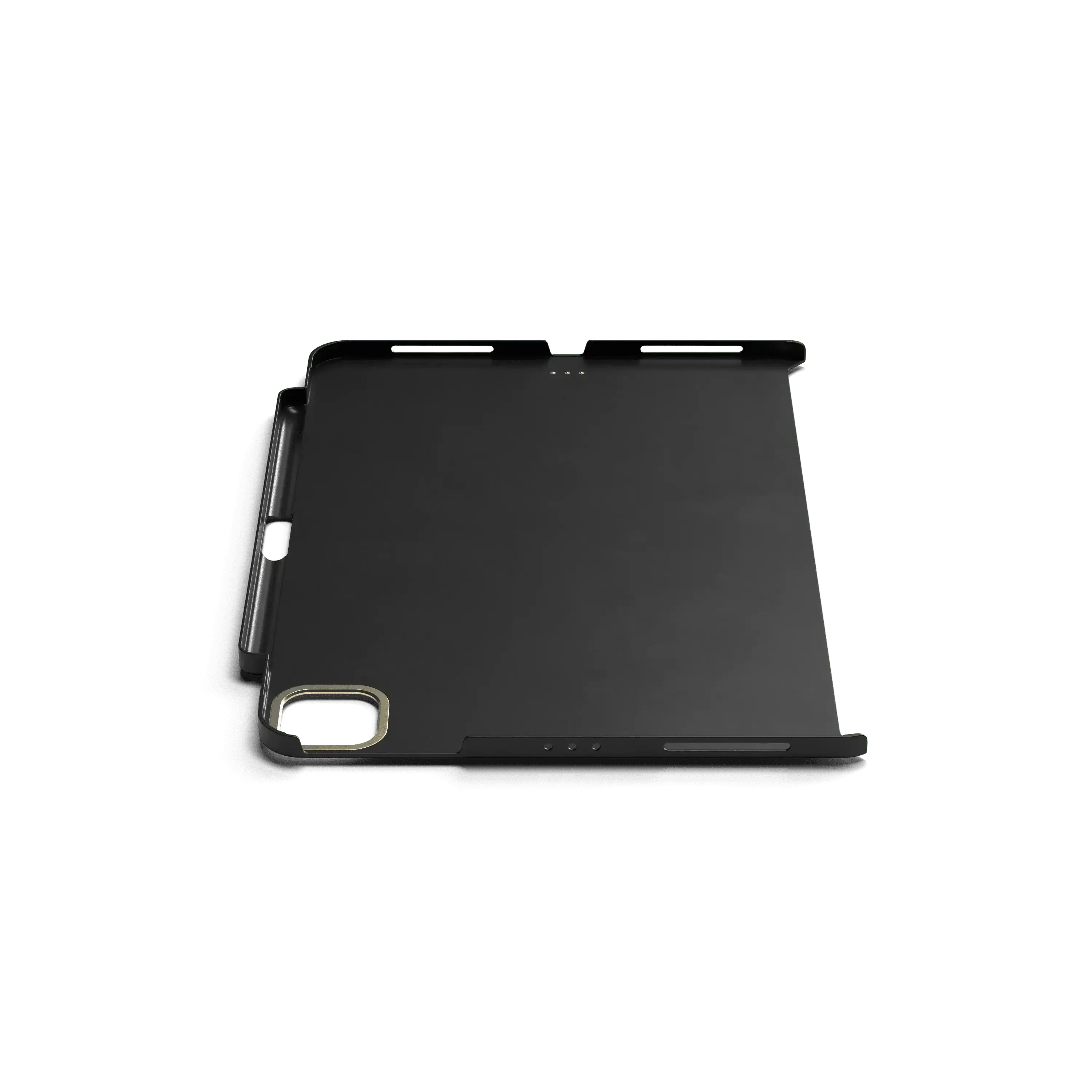 Czarny futerał magnetyczny z wegańskiej skóry na iPad Pro, widok od tyłu, wycięcie na aparat