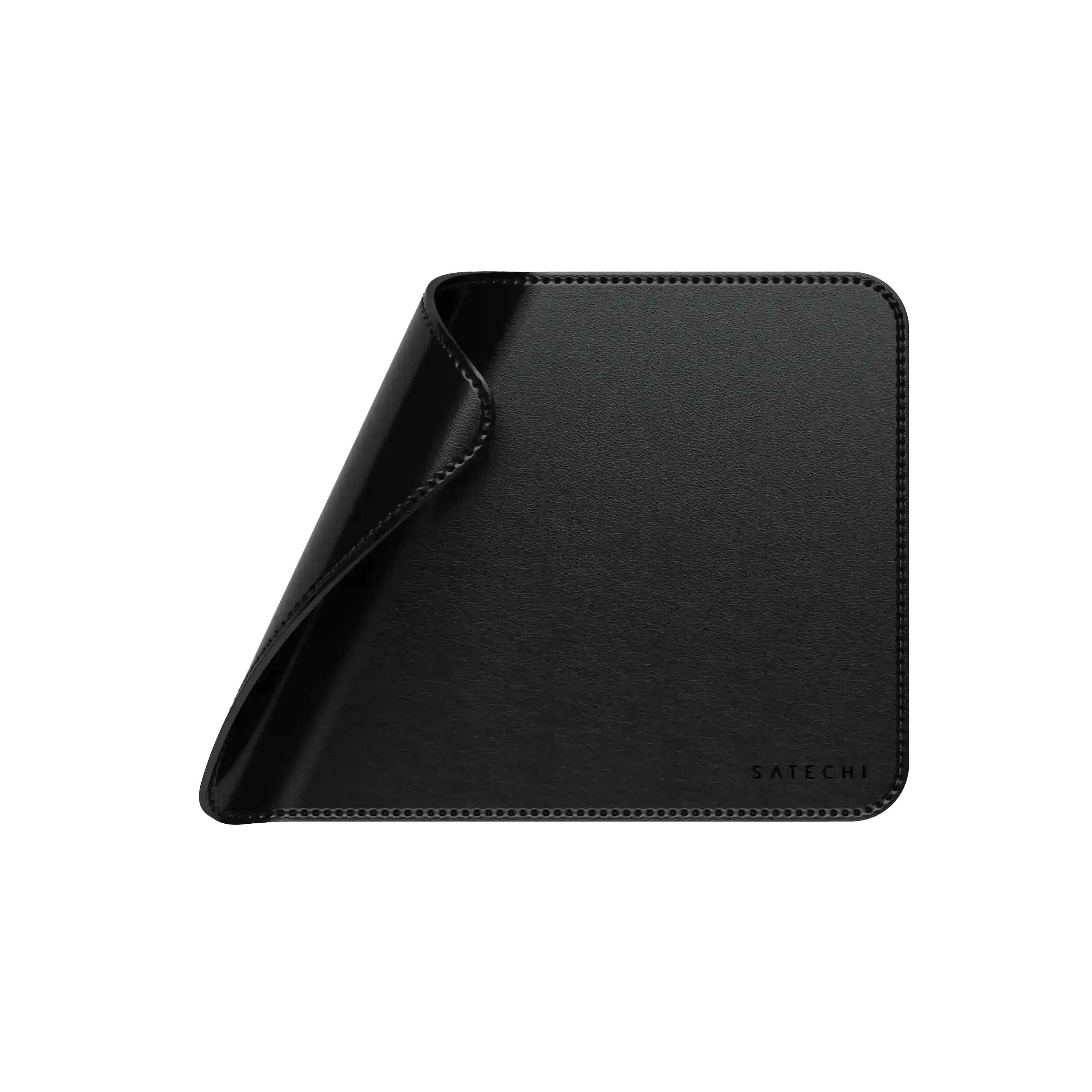 Czarna podkładka pod mysz z eko skóry, prostokątna, eleganckie przeszycia, minimalistyczny design