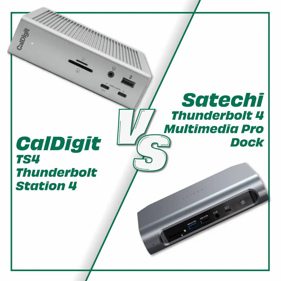 Porównanie stacji dokującej CalDigit TS4 i Satechi Thunderbolt 4 Multimedia Pro Dock na białym tle