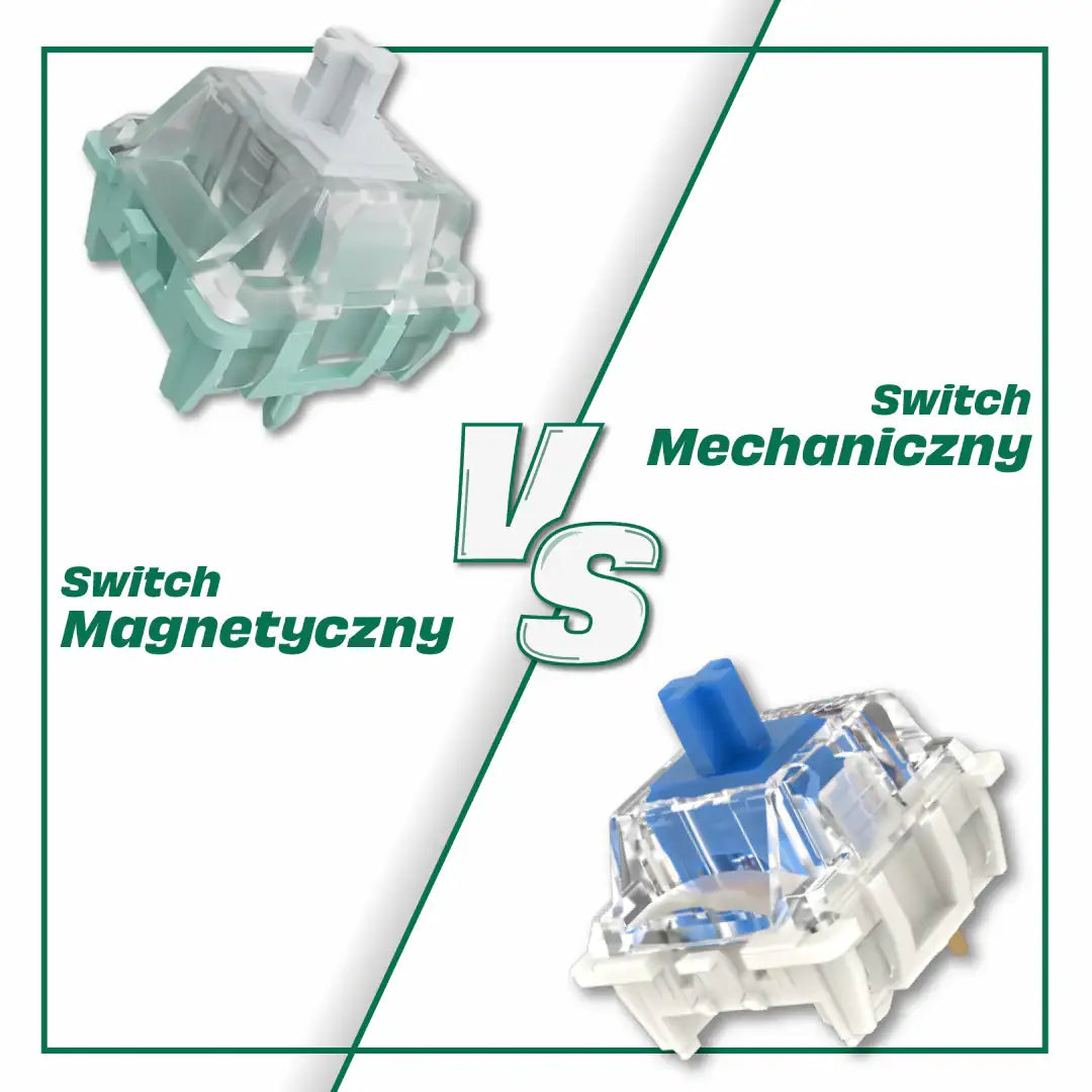 Porównanie switch magnetyczny i mechaniczny do klawiatury z białym i niebieskim stemplem