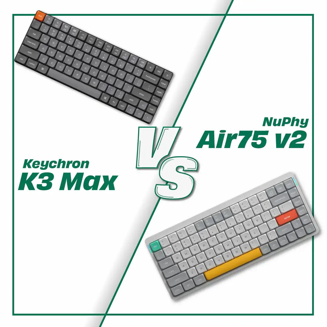 Porównanie klawiatur Keychron K3 Max vs NuPhy Air75 v2 na białym tle