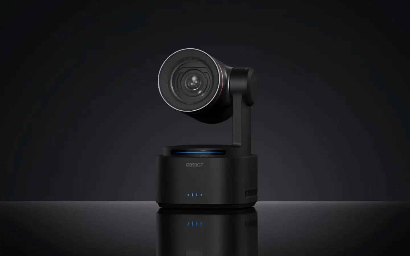 Nowoczesna kamera OBSBOT z funkcją śledzenia, czarna, na ciemnym tle