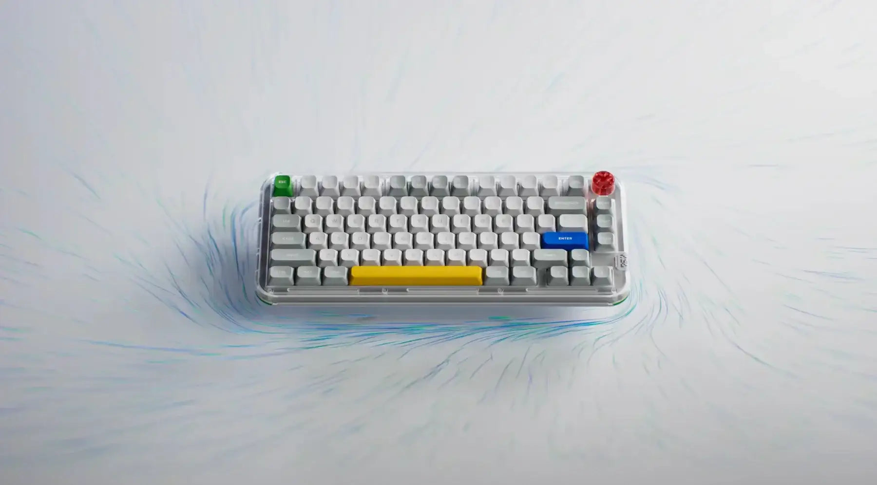 Klawiatura mechaniczna Nuphy Kick75 z kolorowymi klawiszami na jasnym tle