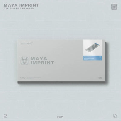 Opakowanie zestawu keycapów Maya Imprint do klawiatury mechanicznej, na jasnym tle.