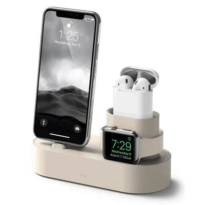 Stacja dokująca do ładowania iPhone, AirPods i Apple Watch na białym tle, akcesoria biurowe