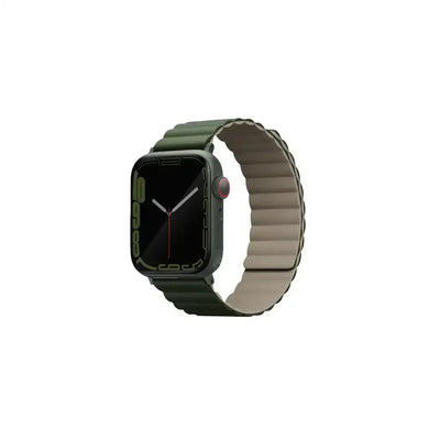Zielono-beżowy pasek magnetyczny do smartwatcha, nowoczesny design na białym tle