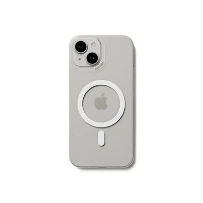 Szare etui MagSafe na smartfon, widoczne dwa obiektywy aparatu i logo jabłka