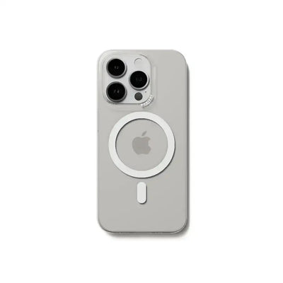 Białe etui MagSafe na iPhone z dużym pierścieniem do ładowania bezprzewodowego