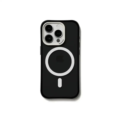 Czarne etui do iPhone z obsługą MagSafe, widoczne logo i duży okrągły wzór