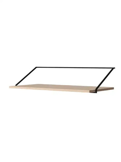 Półka ścienna dębowa z czarnym metalowym stelażem, nowoczesny design biurowy