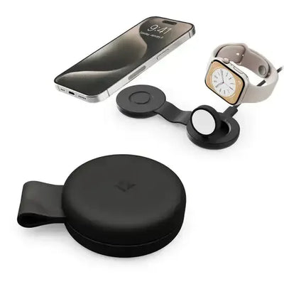 Czarna składana ładowarka bezprzewodowa do iPhone i Apple Watch w etui na biurko