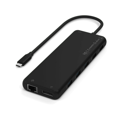 Czarny adapter USB-C z wieloma portami, w tym HDMI, DisplayPort i Ethernet, do biura