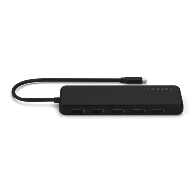 Czarny adapter USB-C z wieloma portami do biura i home office, widok z góry