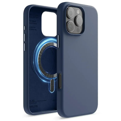 Niebieskie etui na iPhone z MagSafe, ochrona telefonu, minimalistyczny design.