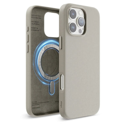 Jasnoszare etui MagSafe do iPhone 15 Pro Max, ochronne, z wycięciem na aparat i przyciski.