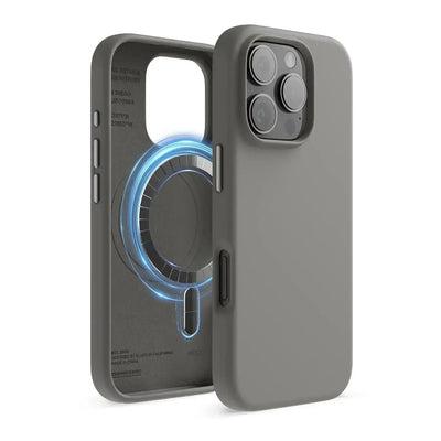 Szara silikonowa obudowa na iPhone 15 Pro z technologią MagSafe, widok z przodu i wnętrza.