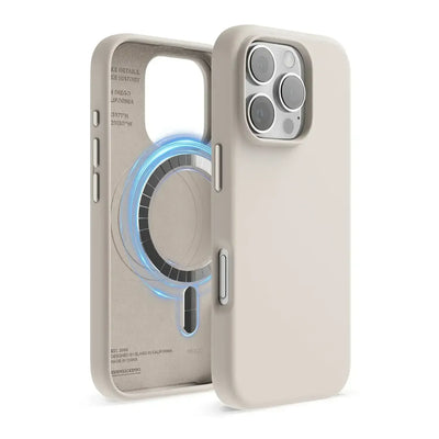 Beżowe etui MagSafe na iPhone 15 Pro, minimalistyczny design, ochrona telefonu