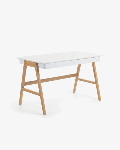 Nowoczesne biurko do home office, białe z drewnianymi nogami, idealne do desk setupu