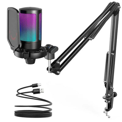 Fifine - AmpliGame - A6T Studio Condenser Microphone - Studyjny Mikrofon Pojemnościowy ze Statywem Pantografowem