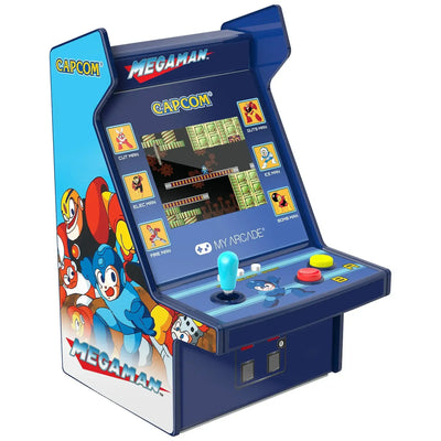 Mini automat arcade Megaman z kolorową grafiką, joystickiem i przyciskami, retro konsola do gier