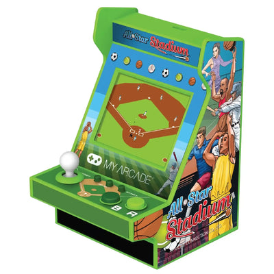 Zielona mini konsola arcade All-Star Stadium z motywem sportowym, joystickiem, piłkarzami i ekranem do gier retro.