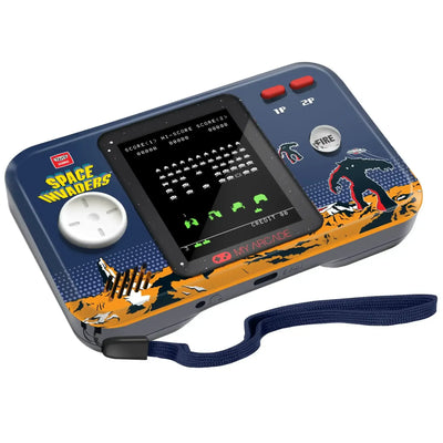 Konsola retro do gier Space Invaders, przenośna, wyświetlacz LCD, przyciski sterujące.