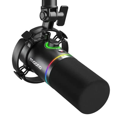 Czarny mikrofon biurkowy z podświetleniem LED RGB, montowany na ramieniu, idealny do home office.